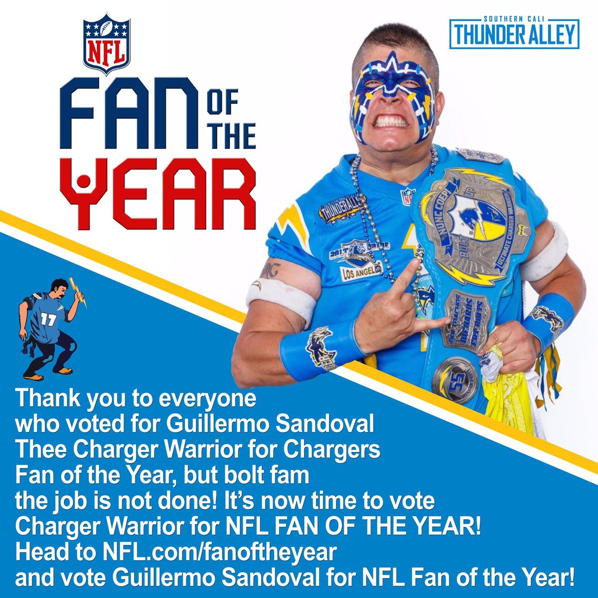 If you’re a Chargers fan retweet this and go Vote Charger Warrior for NFL fan of the year!

#LosRayos #BoltPride #Boltrachos
⚡️🔌🔋