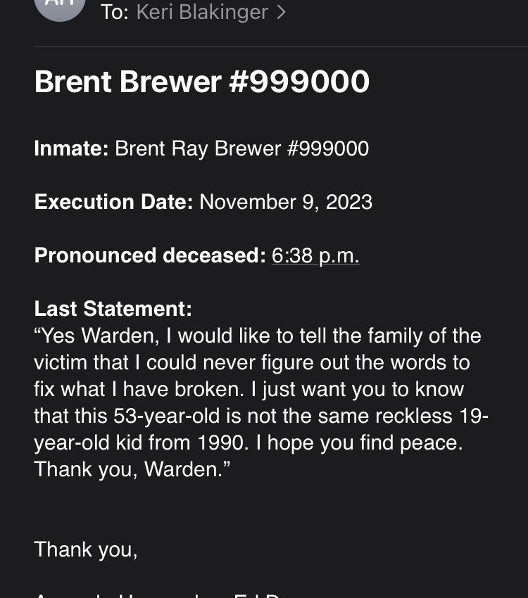 The last words of Brent Brewer, who was executed tonight in Texas.