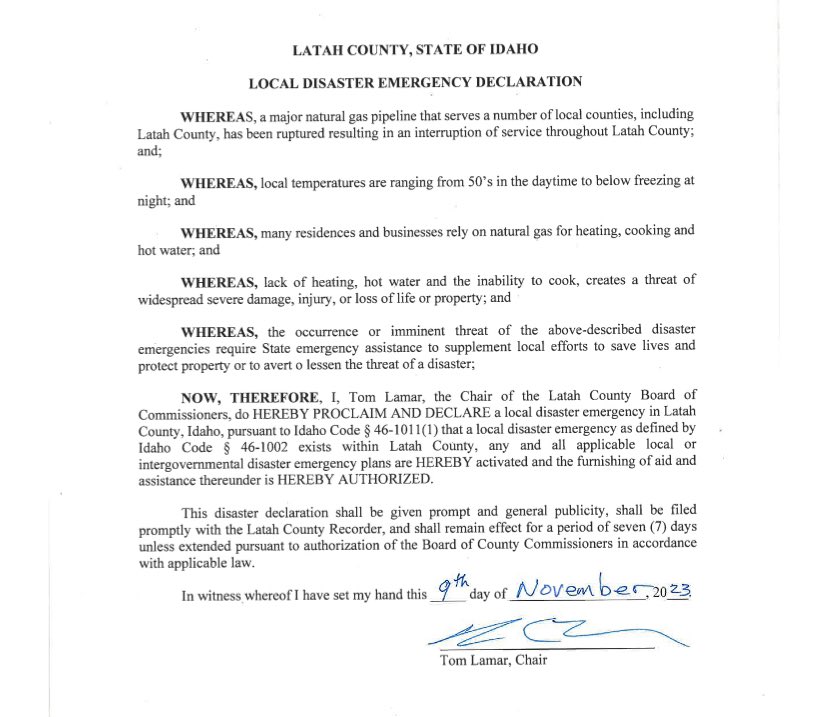 IdahoPubRadio's tweet photo. Tom Lamar, chair of the @LatahCountyID Board of Commissioners, has declared a state of emergency due to the damaged gas line and the disruption of service. The declaration is in effect for seven days unless extended by the county commissioners. (Screen shot) https://t.co/NwoIF9L609