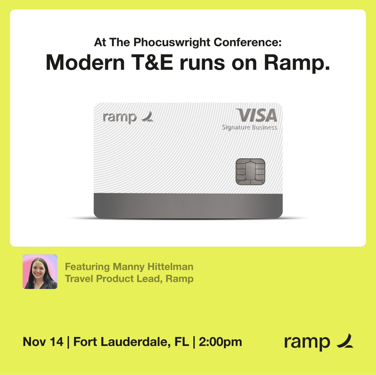 tryramp's tweet photo. 📍 Phocuswright

On November 14, our very own Manny Hittelman will be presenting at the Innovation Launch. 🗣️ https://t.co/Adj9Tx8xBy