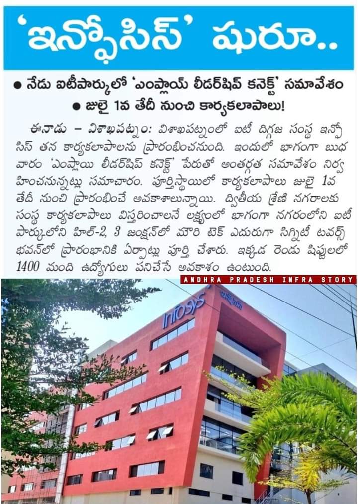 2029YSJ's tweet photo. 🔸జులై 1వ తేదీ నుంచి విశాఖలో ఐటీ దిగ్గజం ఇన్ఫోసిస్ కార్యకలాపాలు 😍🙌

🔹ఇక్కడ రెండు షిప్టులలో 1400 మంది ఉద్యోగులు పనిచేసే అవకాశం ఉంటుంది

#AndhraPradesh #Visakhapatnam #Infosys #Vizag #DevelopmentCentre #APInfraStory https://t.co/TSF7tVy8mo