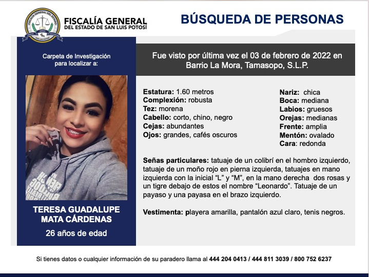 ReporteMxNotic1's tweet photo. Sigue la búsqueda de Teresa Guadalupe Mata Cárdenas, desaparecida desde el 03 de febrero del 2022 en Barrio La Mora, Tamasopo, San Luis Potosí
#HastaEncontrarla @FiscaliaSLP @FGRMexico @SSPCMexico
https://t.co/Ehg4bytbIZ https://t.co/n8k7vNInmW