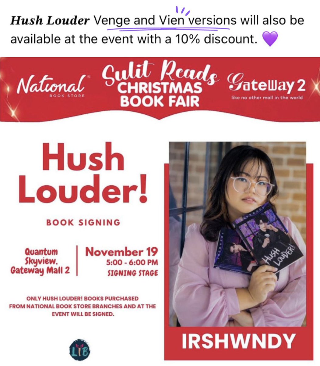 irshwndy's tweet photo. VIEN version is finally back and DISCOUNTED during the event on Nov 19! 😍💜✨ I'll bring my purple markers to sign your Hush Louder books with personal dedication! ✍️ Selfies and video greets are okay! 🥰 See youu 👋 #DocttorneyIsHere https://t.co/o92psCsOJJ