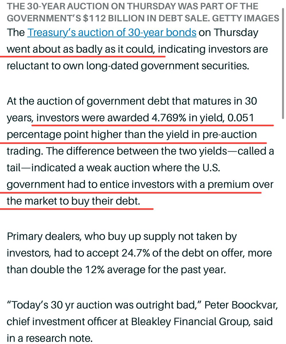 heresyfinancial's tweet photo. Today, the US government tried to borrow a bunch of money. It didn’t go well 

In order to get enough lenders, they had to offer a much higher interest rate than originally planned

While this was much weaker treasury demand than expected, it’s nothing compared to what we will see in the next 1-3 years

China isn’t lending. Japan isn’t lending. The Fed isn’t lending. 

Yet with fewer lenders than ever, the government is trying to borrow more than ever. 

If this continues long enough, eventually a government auction will actually fail. No lenders - at any rate.