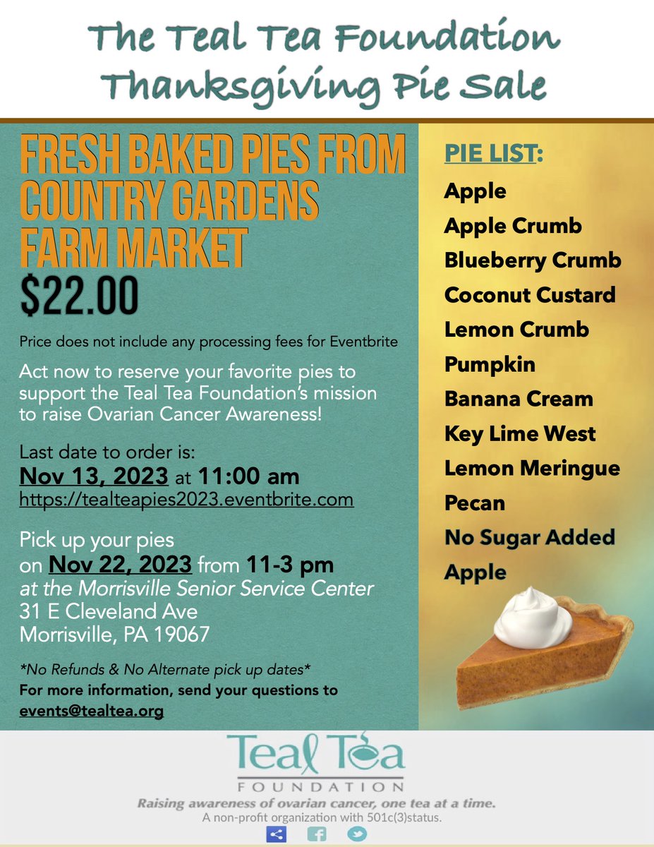 teal_tea's tweet image. 3rd Annual Teal Tea Pie Sale