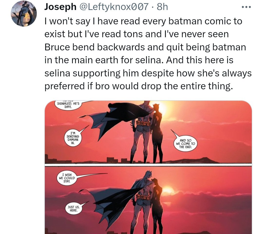 OptimistPrime99's tweet photo. My preferred take, is Bruce &amp; Selina allowing themselves, to embrace a double life. They're not giving up being Batman &amp; Catwoman at all. They're just making time to be a "normal couple". Tom King explored that at times in his Batman run, but I want that to be the status quo. https://t.co/SsZqV8xGrX