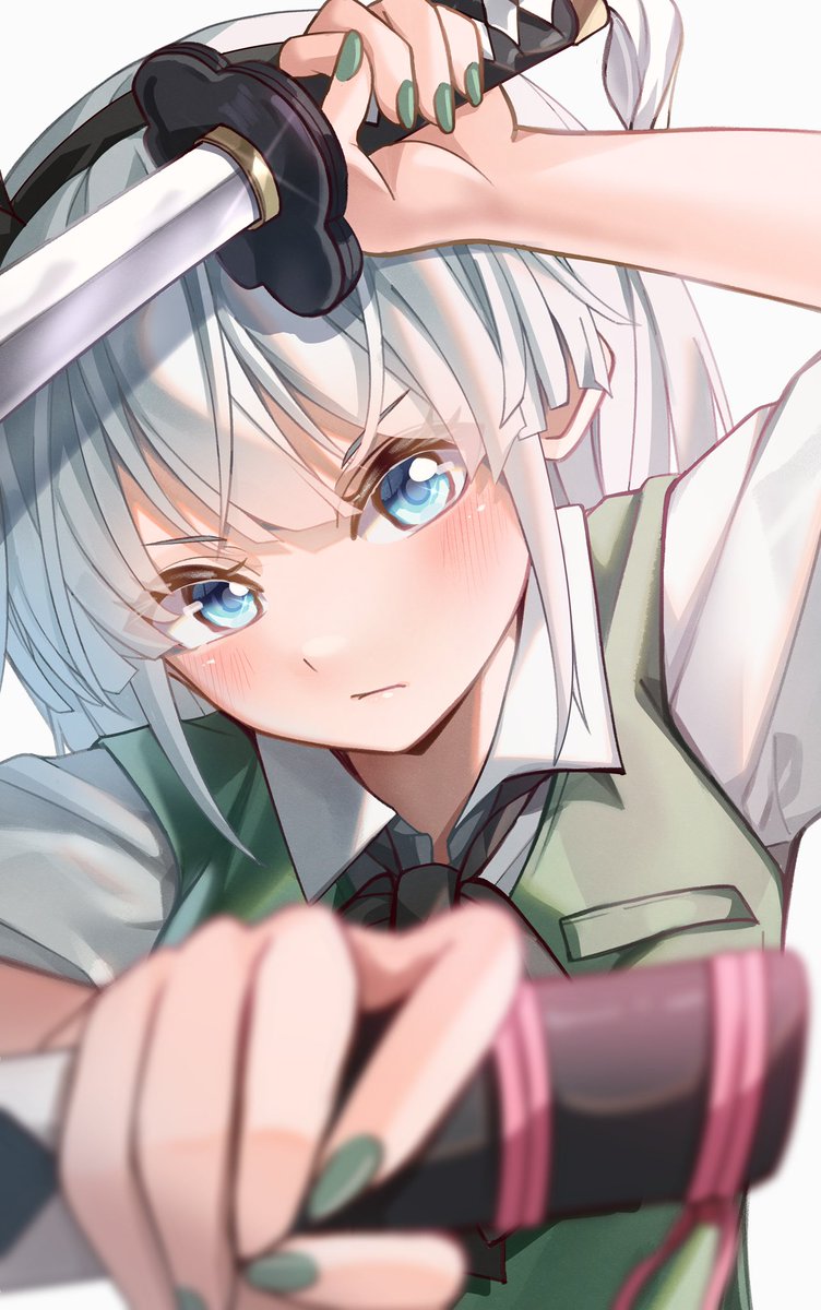 konpaku youmu 1girl weapon sword solo blue eyes katana green vest  illustration images