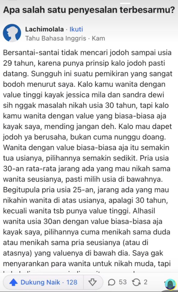 💚 buat gue yg emg cita2 nya pengen jd housewife baca ini jadi sedih deh, karna kerasa bgt, dulu pas umur belasan-early 20 buat pacaran gampang bgt, banyak ketemu pilihan tp setelah kerja beneran sesusah itu mana udah mau 27 pula 😭