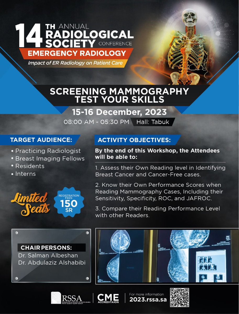 We are excited to host this workshop for the 2nd time <a href="/rssafeed/">Saudi RAD Society</a> in #riyadh. Test your skills with screening mammography in collaboration with <a href="/Detected_X/">DetectedX</a> Attendees will have a one to one session going through a set of screening mammograms and will learn about their own