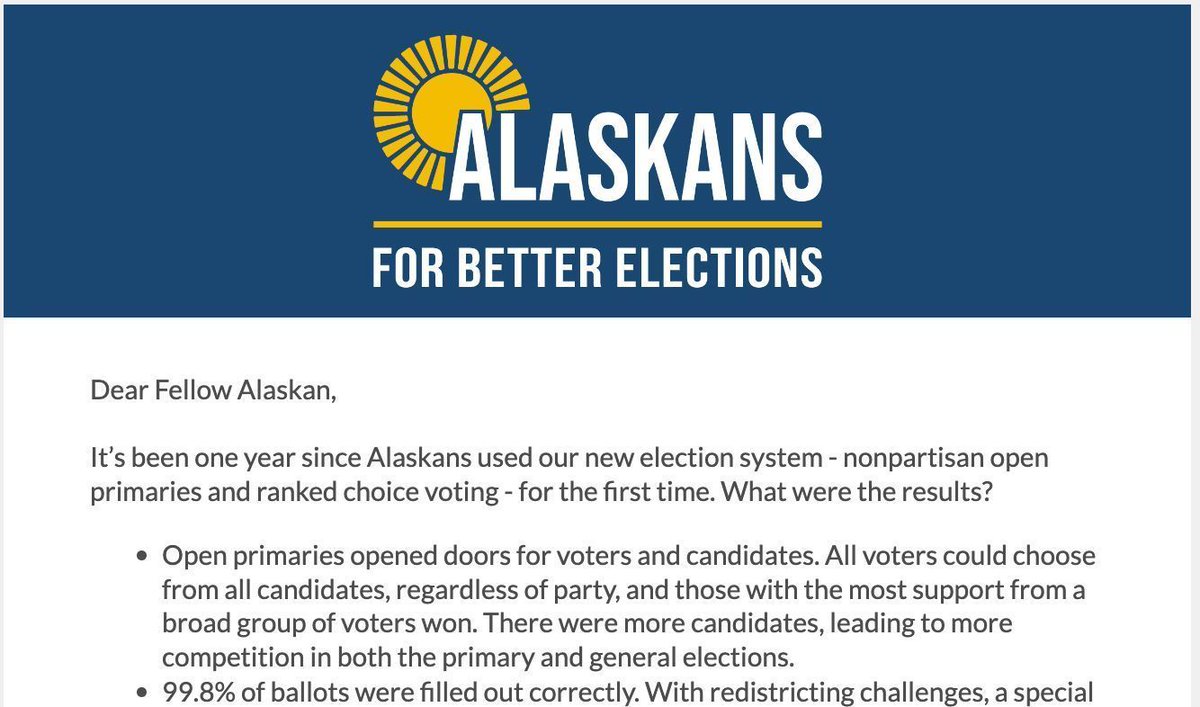 From the benefits of Open Primaries to a 99.8% success rate of ballots filled out, there's a lot to celebrate over the last year+ with Alaska's current election system 👏 
Read more 👉 buff.ly/49xsk50
Sign up 👉 buff.ly/3MAfcC9