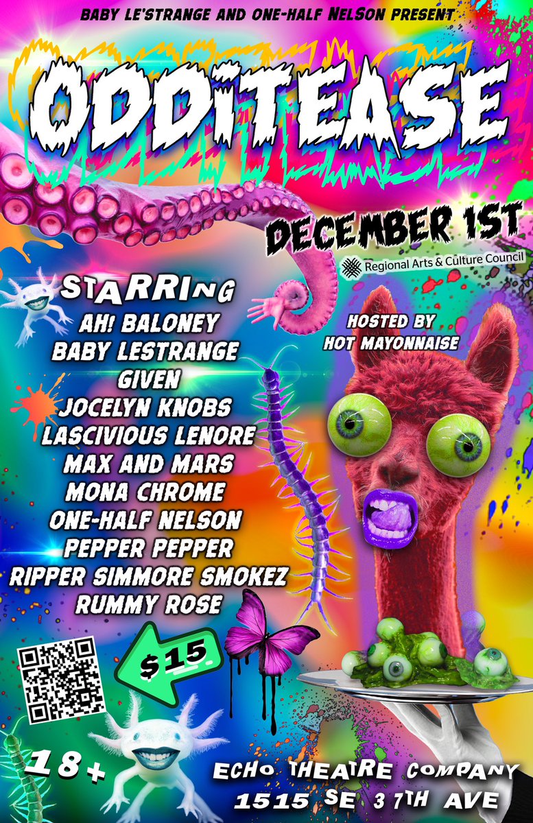 ODDitease is back 12/1 at Echo Theater in Portland, OR. 18+ performance art accompanied by absurd video art. With support from <a href="/R_A_C_C/">Regional Arts & Culture Council</a> Tickets here tickettomato.com/event/8377 
#pdx #Portland #pdxdrag #portlanddrag #portlandart #pdxevents. #portlandevents
