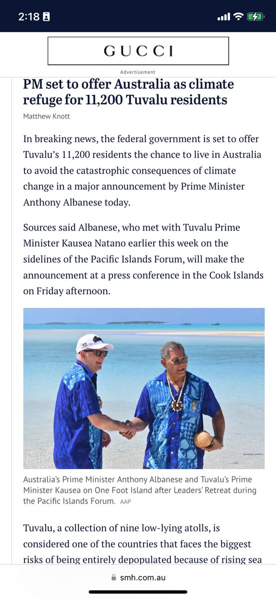 Laura_R_Chung's tweet photo. This is wild: PM set to offer Australia as climate refuge for 11,200 Tuvalu residents https://t.co/RbLGRecElV