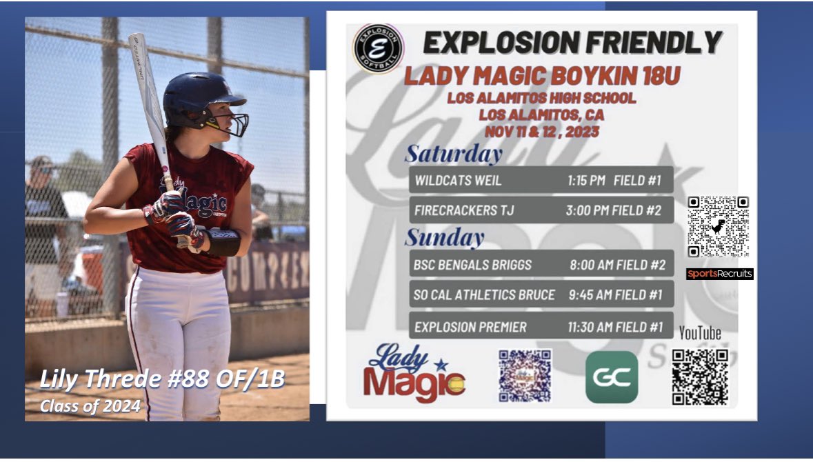 Excited for the Explosion  invite only tourney!  Come check us out in So Cal! Go Magic!  @ladymagic_18u <a href="/CalPolySoftball/">Cal Poly Softball</a> <a href="/UCSBSoftball/">UC Santa Barbara Softball</a> <a href="/CSUSoftball/">Colorado State Softball</a> <a href="/CSUSMsoftball/">CSUSM Softball</a> <a href="/Coach_G_CMU/">WillieHinojosa</a> <a href="/lmulionsSB/">LMU Softball</a> <a href="/GaelsSoftball/">Saint Mary's Softball</a> <a href="/UncommittedUsa/">UncommittedPlayersUSA</a> <a href="/IHartFastpitch/">I❤️Fastpitch</a> @