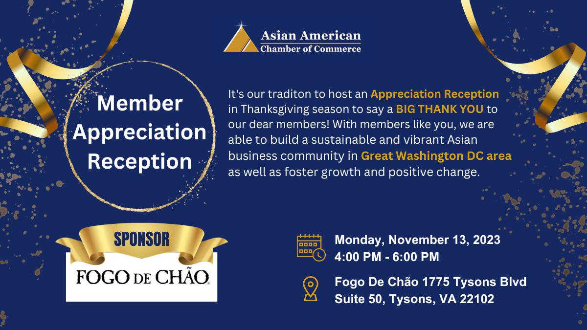 Join us at the #appreciationreception celebrating YOU, our valued #chambermembers!
Its our tradition to host an Appreciation Reception in #Thanksgiving season to say a BIG THANK YOU to our dear members!
Learn more bit.ly/476BTpA

#AACC #AsianAmericanChamberOfCommerce