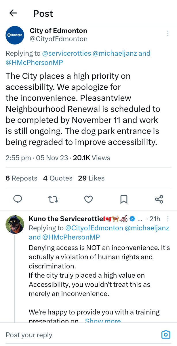 It's day five of reminding the <a href="/CityofEdmonton/">City of Edmonton</a> that human rights and accessibility is NOT a convenience. Denying them is not an inconvenience, it's discrimination. An inconvenience is when City Councilor Janz's bicycle seat falls off.

I will continue to bark reminders until I