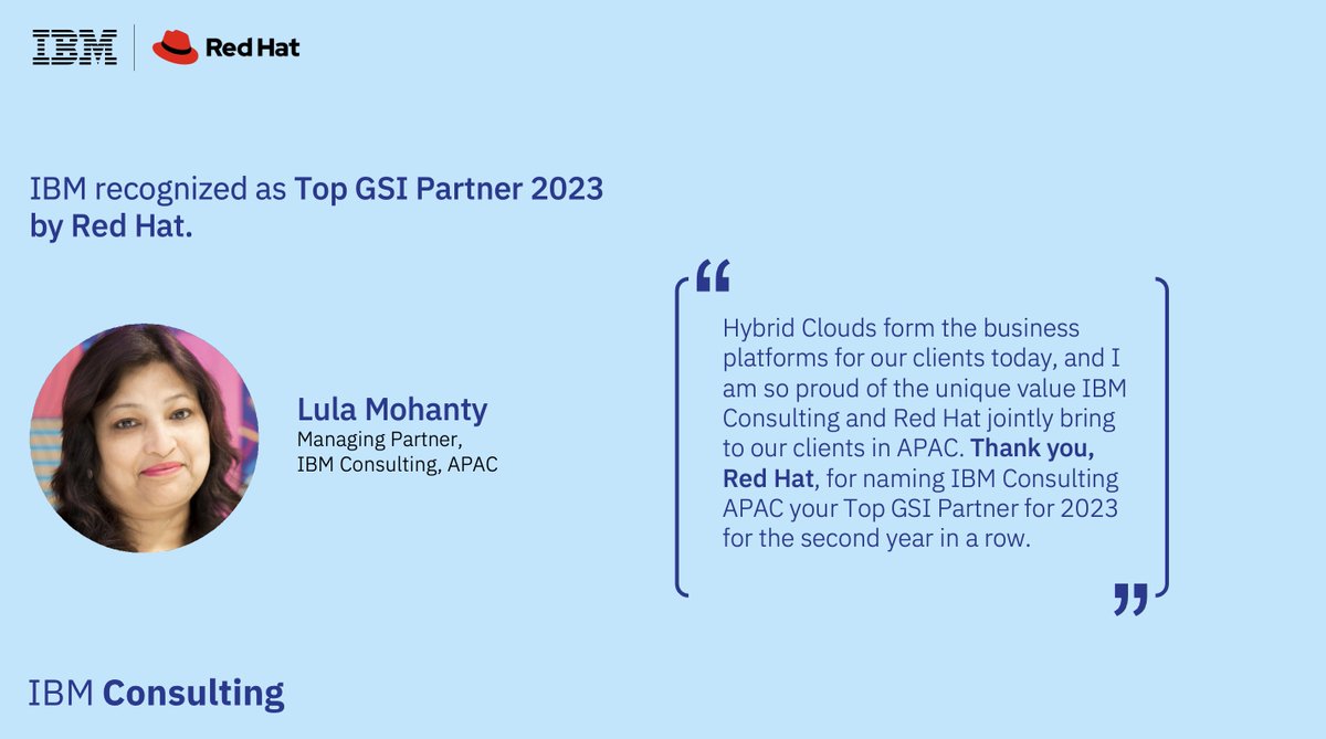 ✨ IBM is proud to be recognized as Top GSI Partner 2023 by Red Hat. Thank you for the strong partnership @RedHat driving innovation and digital transformation journey with our clients. Click to know more : ibm.co/3spc19B #IBMRedHat #IBMConsulting #IBMpartners