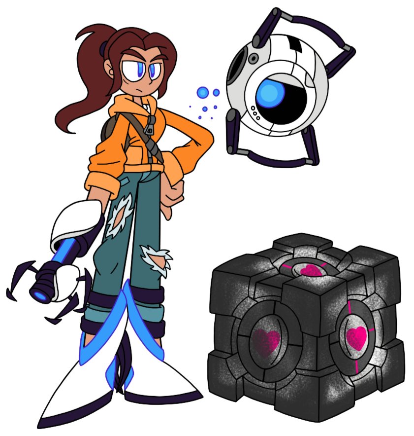 Wanted to make a design of a post-Lego Dimensions Chell

She keeps the Companion Cube from the end of the first game  and Wheatley keeps his weird floating ability. She's also kept some useful Aperture gear.

#portal #Valve #portal2 #legodimensions