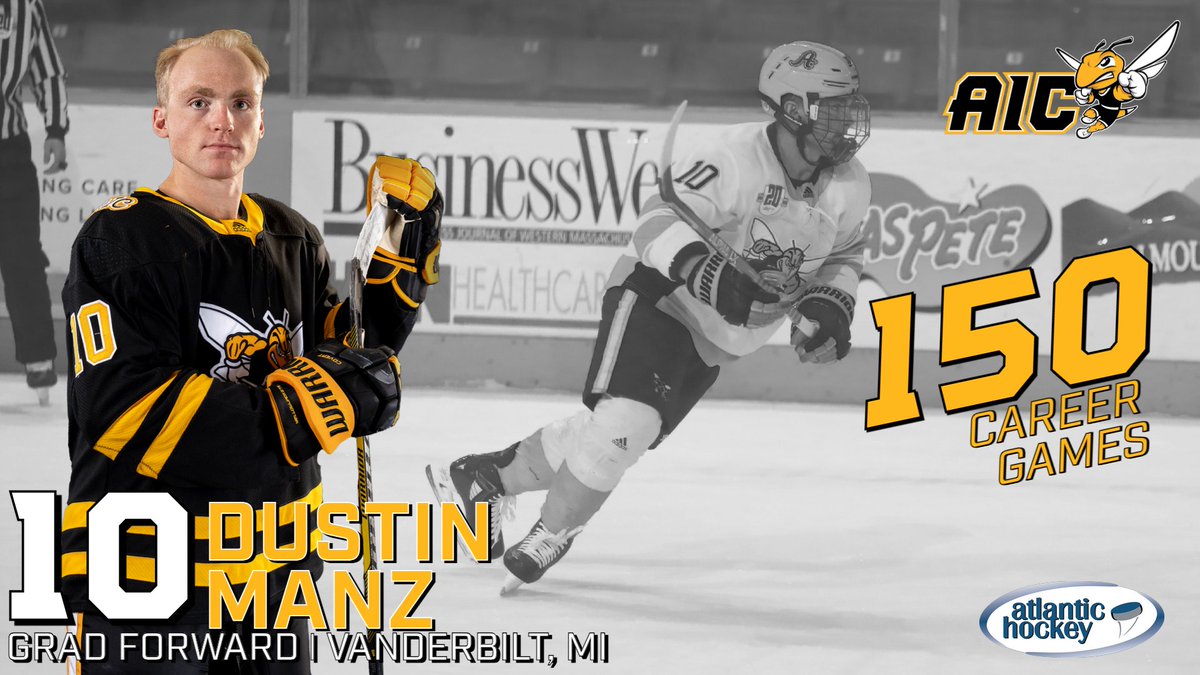 AIC_Hockey's tweet photo. Shout out to Dustin Manz, who tonight laced em up for his 150th @collegehockey game! An incredible leader for our program.

#AICommitted @Atlantic_Hockey @TeamECH @Buccigross https://t.co/ymUhuQ9eVr