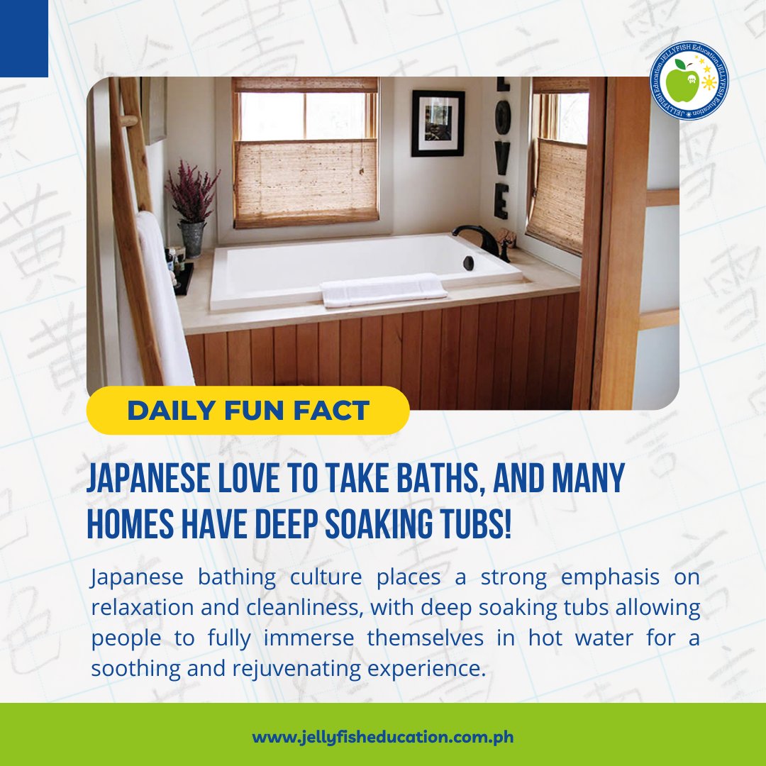 Japanese love their baths! 🛁 Enjoying hot baths is all about relaxation and cleanliness.

#BathingCulture
#SoakAndRelax
#CleanAndFresh
#JapaneseTradition
#FeelGood
#LearnNihongo
#JEP
#JellyfishEducationPh