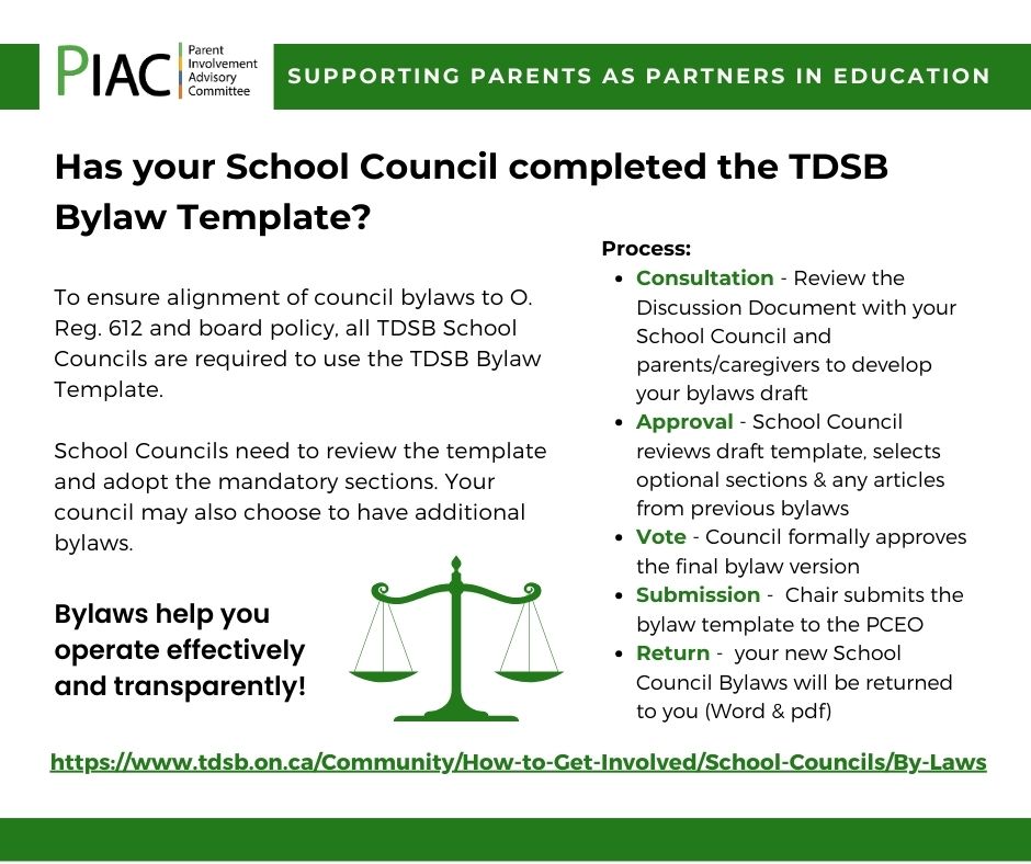 Does your School Council have bylaws?  Make it your first order of business to create or review your bylaws.
tdsb.on.ca/Community/How-…