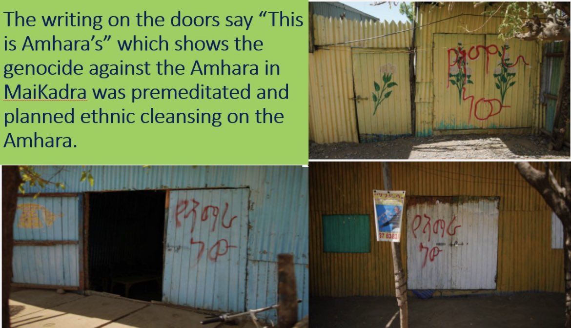 3 years ago, #Amharas in Maikadra were gruesomely massacred by #TPLFTerroristGroup armed mercenary group. Amhara properties & households were identified & marked on with a note: “this belongs to Amhara”. Over 1,600 Amharas masscared in 2 days. #MaiKadraMassacre #AmharaGenocide