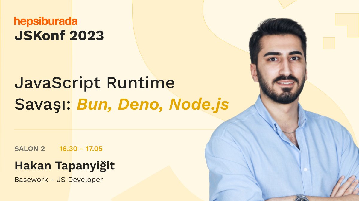 Hepsiburada JSKonf 2023'ün sıradaki konuşmacısı Hakan Tapanyiğit 🥳

Basework ekibinde JS Developer olarak çalışan <a href="/HakanTapanyigit/">Hakan Tapanyiğit</a>, "JavaScript Runtime Savaşı: Bun, Deno, Node.js" sunumu ile 18 Kasım'da bizimle olacak!

👉hepsiburada.jskonf.com

#JSKonf #JavaScript
