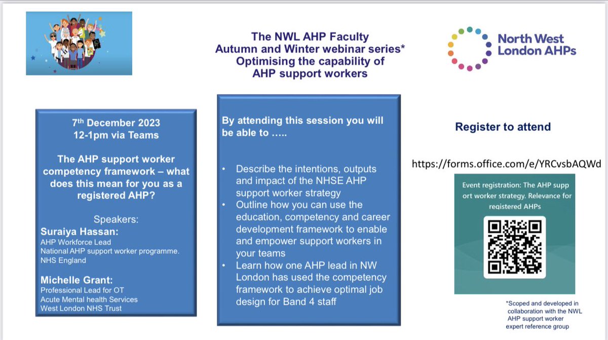 Claire Fordham (she/her) (@clairefordham5) on Twitter photo We are pleased to announce registration details for the 3rd webinar in our <a href="/HealthierNWL/">@HealthierNWL</a> AHP support workforce series. ‘The AHP support worker framework- what does it mean for you as a registered AHP?’ We will be joined by the fabulous <a href="/SuraiyaHassan1/">Suraiya Hassan</a>
All welcome, please share We are pleased to announce registration details for the 3rd webinar in our <a href="/HealthierNWL/">@HealthierNWL</a> AHP support workforce series. ‘The AHP support worker framework- what does it mean for you as a registered AHP?’ We will be joined by the fabulous <a href="/SuraiyaHassan1/">Suraiya Hassan</a>
All welcome, please share