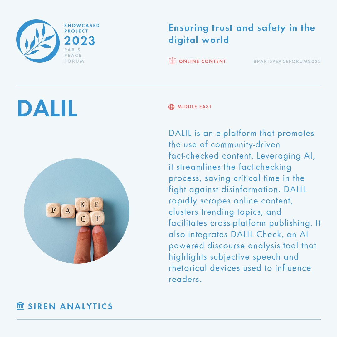 #ParisPeaceForum2023 is here! Our team is representing @dalilmena, an AI powered platform that helps counter #InformationDisorder. It’s 1 of 53 #SolutionsForPeace showcased for its innovative approach to building common ground in a world of rivalry. sirenassociates.com/updates-events…