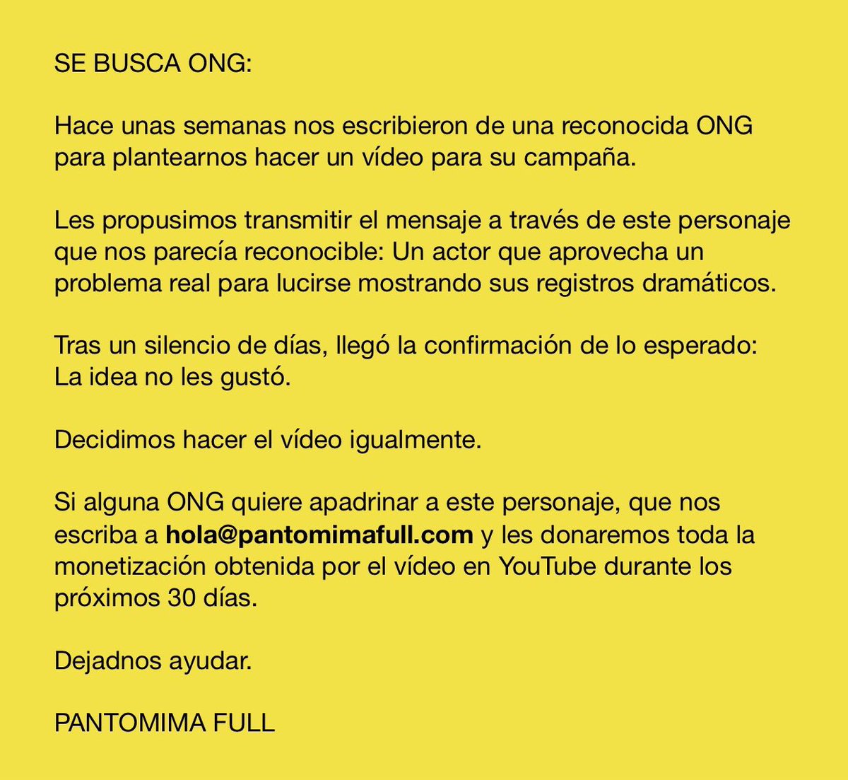 Pantomima_Full's tweet photo. SE BUSCA ONG: https://t.co/iK7FRZAAeg