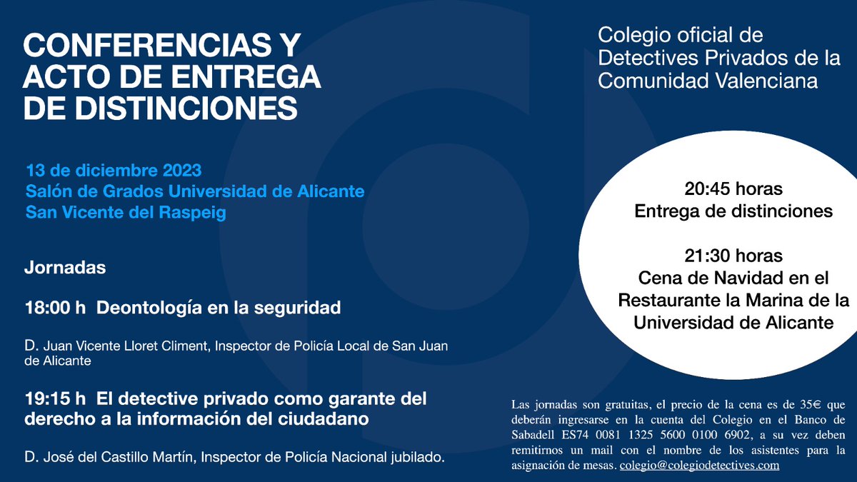 colegio_cv's tweet photo. El @colegio_cv organiza su tradicional acto de Navidad el próximo 13 de diciembre en Alicante con conferencias y entrega de distinciones. https://t.co/vla5K3Esgs