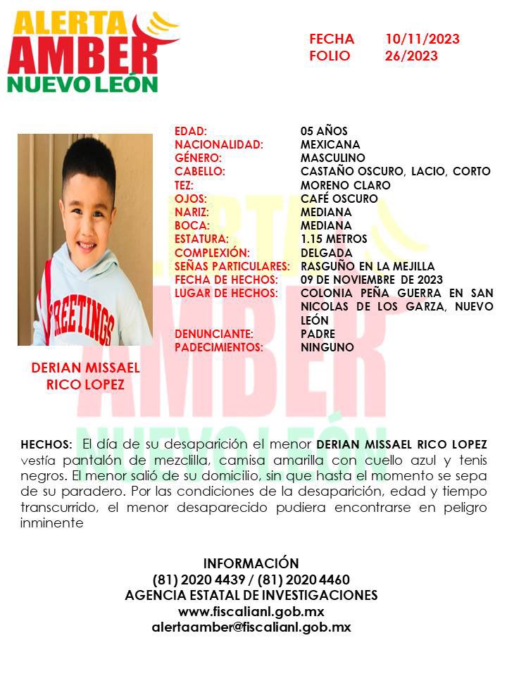 FiscaliaNL's tweet photo. 📣 Se activa #AlertaAmber 
Solicitamos de su colaboración para localizar a DERIAN MISSAEL RICO LOPEZ
‼️Por favor comparte‼️ https://t.co/J0oyWJOSZ1