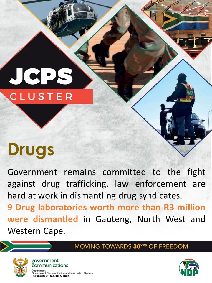 GovernmentZA's tweet photo. 9 drug laboratories worth more than R 3 million were dismantled
#FightingCrime #JCPSBriefing https://t.co/mpBz1bszjX