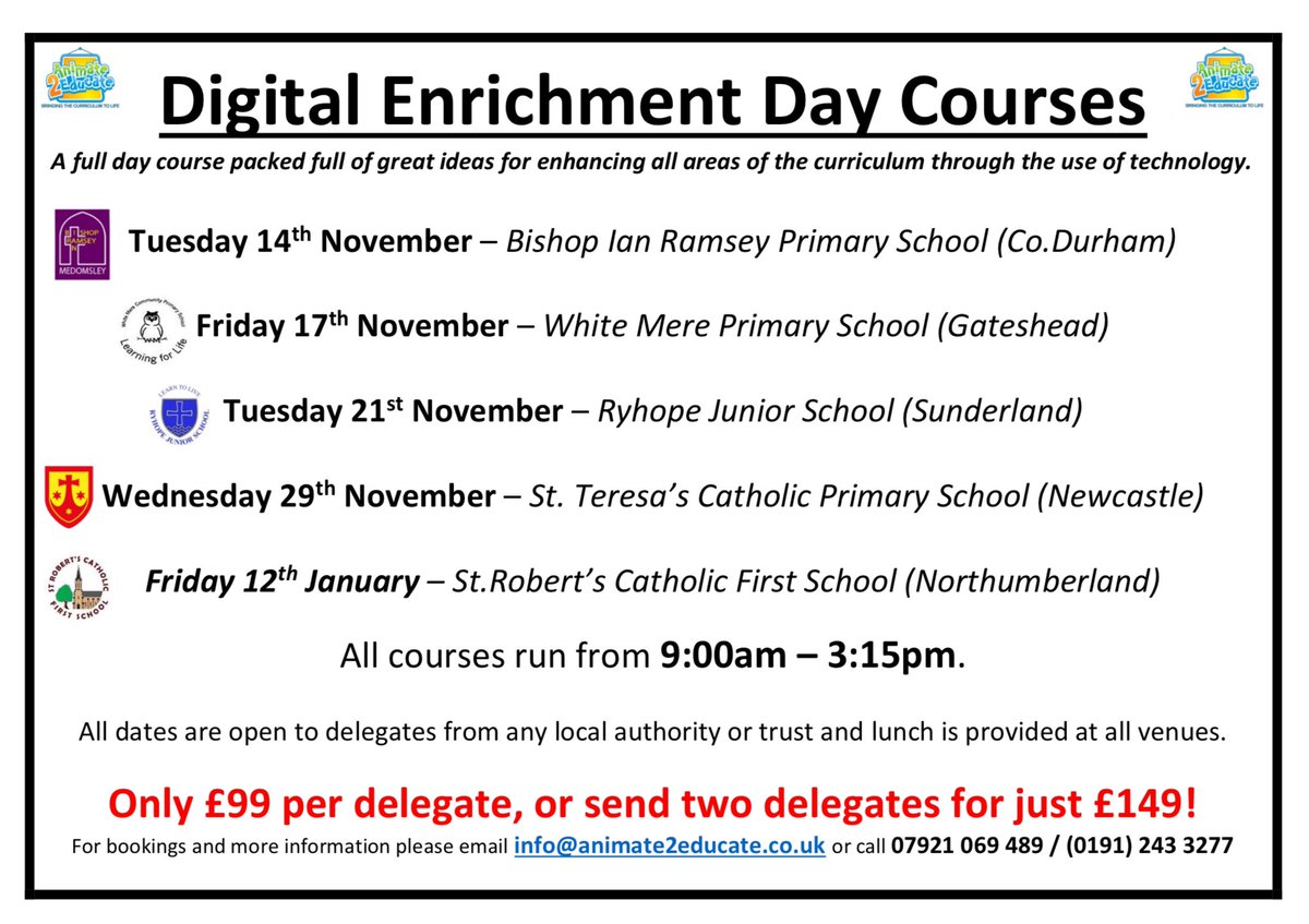 BOOK NOW for my brand new ‘Digital Enrichment Day’ course. Packed full of great ideas for using technology across all curriculum subjects. Held at venues around the North East in the coming weeks. For further information please visit my website: animate2educate.co.uk/web/digital_en…