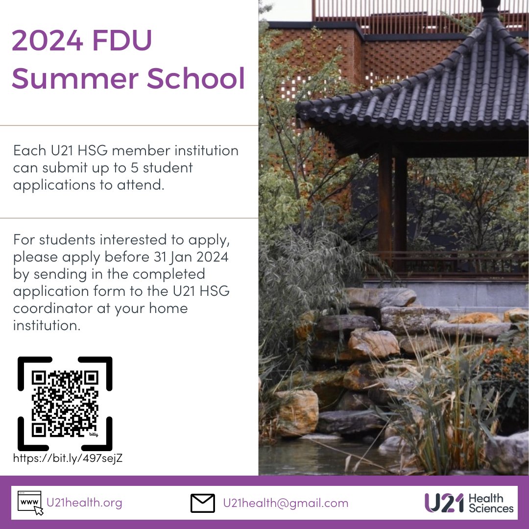 Applications open till end of Jan 2024 for the U21 HSG 2024 Summer School, hosted by the School of Public Health at Fudan University. 

Dates: 28 June – 9 July 2024 
Theme: Path to Manage the Non-Communicable Diseases with Global Health Perspectives. 
u21health.org/summer-school
