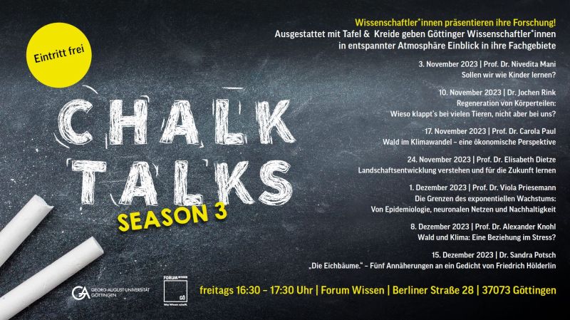 📣Chalk Talks: scientists present their research:

without technology! Equipped with a blackboard, chalk, creativity and specialist knowledge, the researchers provide insights into their field of expertise. 
📅17.11.23: Prof. Dr. Carola Paul "Forest in climate change"
