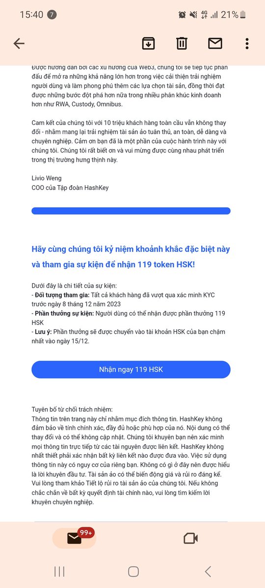 under30bnb's tweet photo. Có anh em nào dc nhận mail này không. Vô claim thử xem dc 119 HSK ko nha
 Có kèo nào cứ làm nhé. Có còn hơn ko nha. 
#Airdrop #hsk #haskkey https://t.co/yrVLGTU6VI