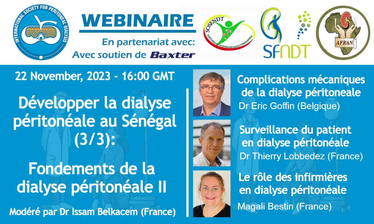 SFNDT (@com_sfndt) on Twitter photo 📢Date à noter : 22 novembre
Prochain webinaire sur le thème « la croissance de la DP au Sénégal » (16h00 GMT),
3e et dernier webinaire d'une série, projet commun de l'<a href="/ISPD1/">Int. Soc. for Peritoneal Dialysis</a> avec le <a href="/sosendt/">SOSENDT</a> , la SFNDT et l'AFRAN.
Pour vous inscrire➡️ us02web.zoom.us/webinar/regist… 📢Date à noter : 22 novembre
Prochain webinaire sur le thème « la croissance de la DP au Sénégal » (16h00 GMT),
3e et dernier webinaire d'une série, projet commun de l'<a href="/ISPD1/">Int. Soc. for Peritoneal Dialysis</a> avec le <a href="/sosendt/">SOSENDT</a> , la SFNDT et l'AFRAN.
Pour vous inscrire➡️ us02web.zoom.us/webinar/regist…
