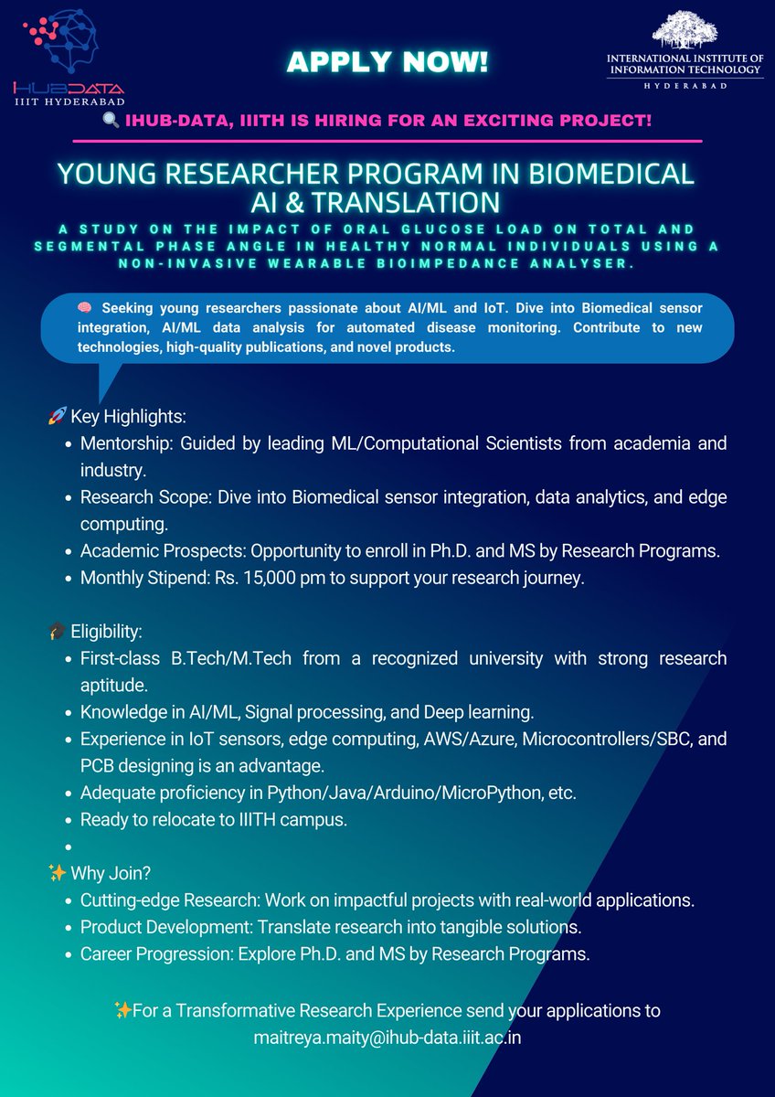 IHUB_Data's tweet image. 🚀 Calling AI/ML Enthusiasts! Explore Biomedical Innovation at IHuB-Data, IIITH! 🌐 #ResearchOpportunity #AIandML #IoT #BiomedicalInnovation #IIITH
