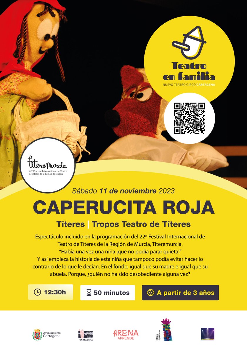 👧 Entradas agotadas para la representación en títeres de Caperucita Roja, una propuesta de la compañía <a href="/Troposteatro/">Tropos Teatro</a>, que forma parte del Festival <a href="/Titeremurcia/">Titeremurcia</a>.