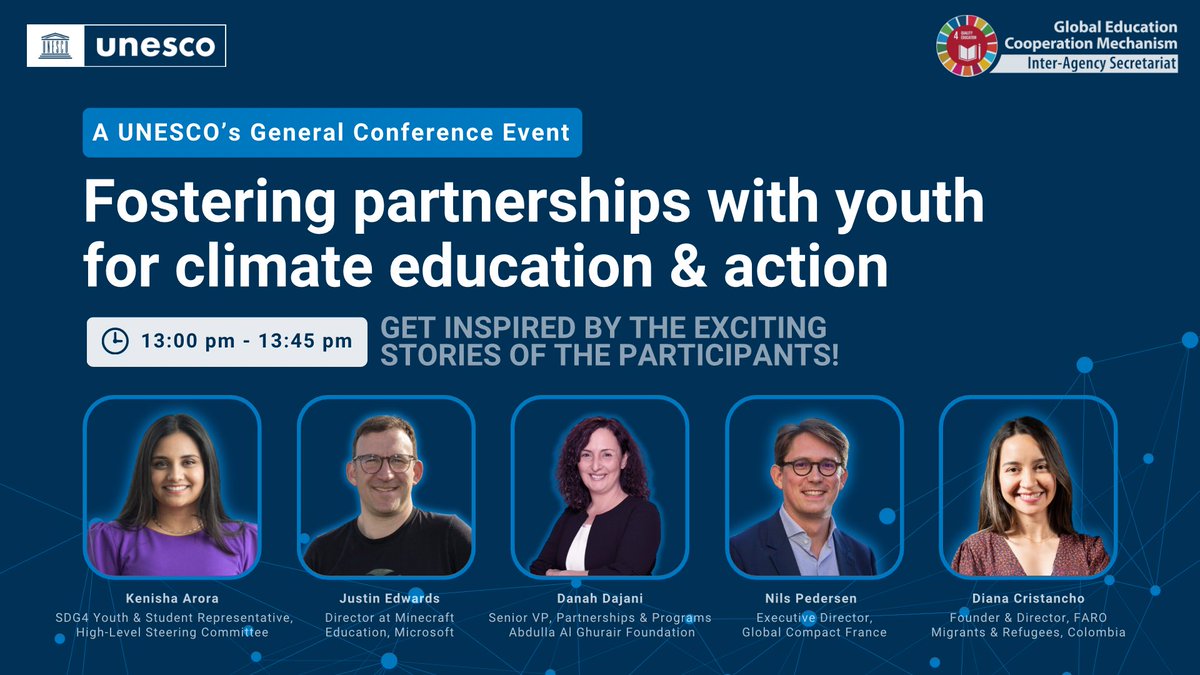 A year post the #TransformingEducation Summit, youth engagement in edu is striving.

🚀Join us today to witness the youth-led initiative in climate education and meaningful partnerships with @MinecraftEducation and ‌<a href="/AGFforE/">AGF</a>! 

#unescoGC #UNESCOxPartners

unesco-org.zoom.us/webinar/regist…