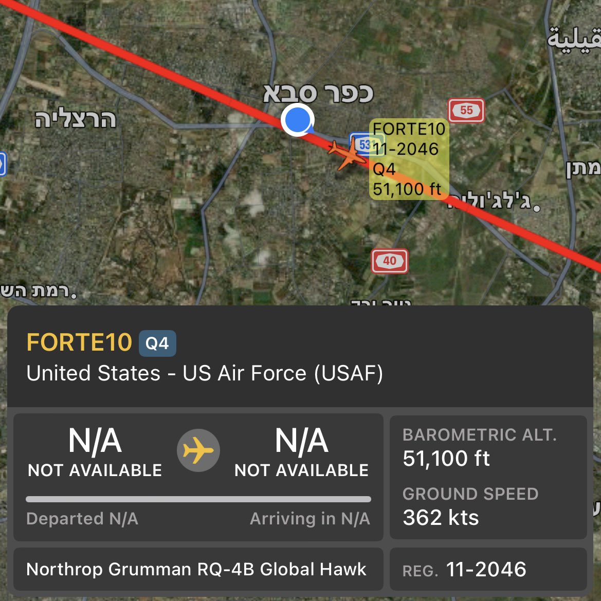 #USAF #RQ4b #GlobalHawk reg. 11-2046 at FL510 as #FORTE10 
#NorthropGrumman #RQ4GlobalHawk #avgeek #planespotting #aviation #homespotting #UAV #contrail <a href="/usairforce/">U.S. Air Force</a>
