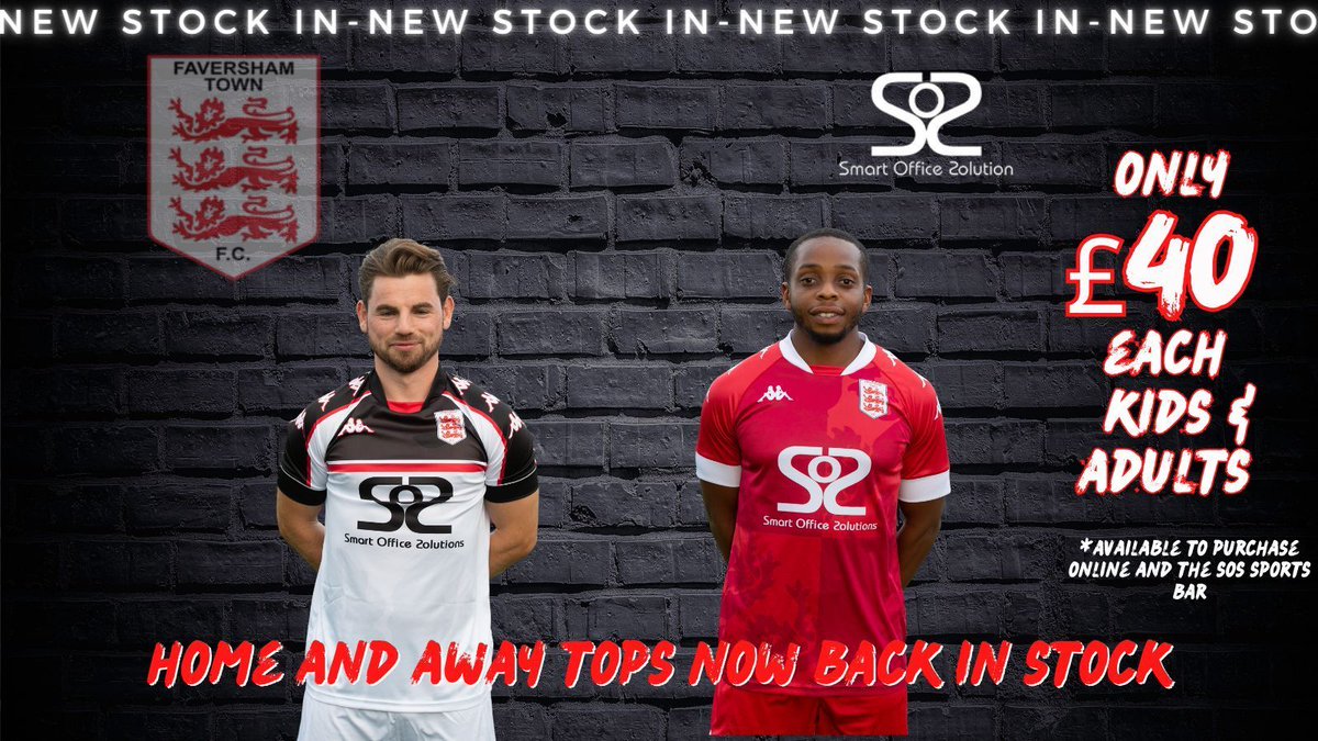 FavershamTownFC's tweet photo. Restocked and ready to go! Our Faversham Town home and away jerseys are now in stock. Grab yours online or head down to the SOS Sports Bar. The shirts are priced at £40.00 and we have sizes available for both kids and adults. Get yours today! #FavershamTownFC #teamcolours https://t.co/eHZ2tRX0E8