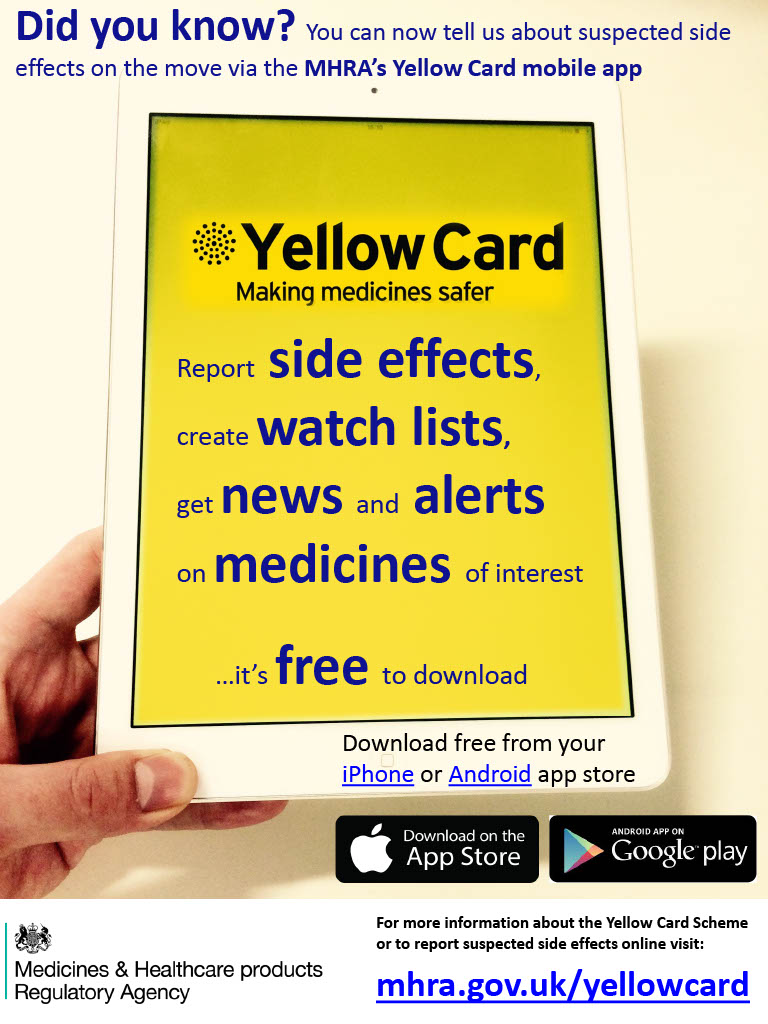 With #MedSafetyWeek coming to an end on Sunday we wanted to remind you about #MHRAYellowCard's app!🤳 This allows you to report any side effects anywhere!🌎 For more info go to bit.ly/2A6B165
