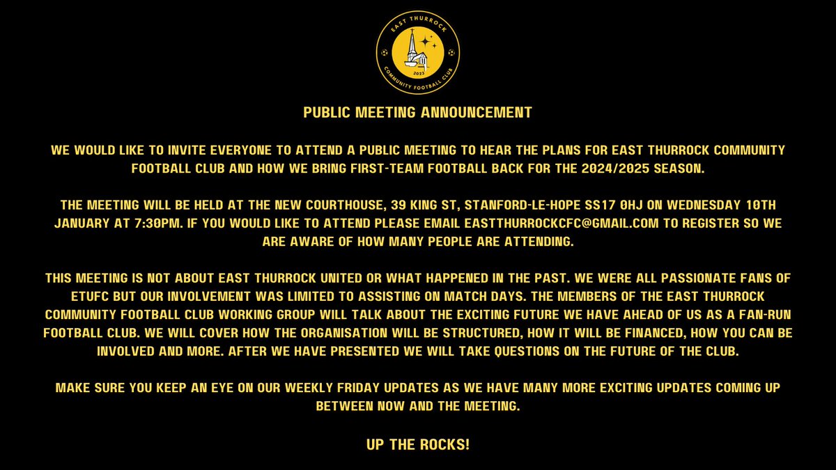We would like to invite everyone to attend a public meeting to hear the plans for East Thurrock Community Football Club and how we bring first-team football back for the 2024/2025 season.

Up The Rocks!