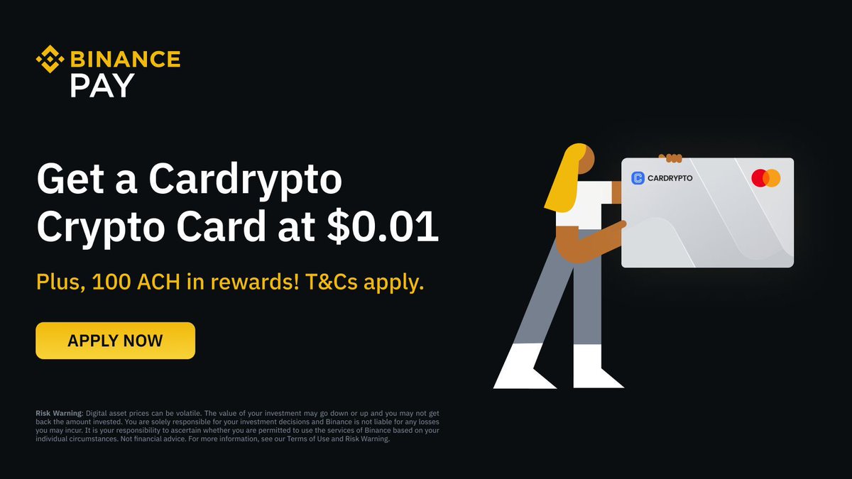 Looking for a card to make your crypto spending easier? Apply for a  Cardrypto crypto card on #Binance Pay at just $0.01 and get 100 $ACH as you  top up! Start here