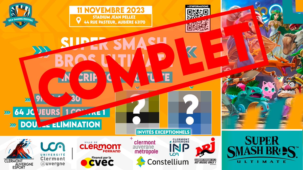Le tournoi SSBU  est complet ! 

Rendez-vous demain ! 

#ucagamingfestival #benevoles #esport#clermontferrand #clf #gaming #leagueoflegends #valorant #stands #rocketleague #trackmania #ssbu #lan #evenement #gamer #show