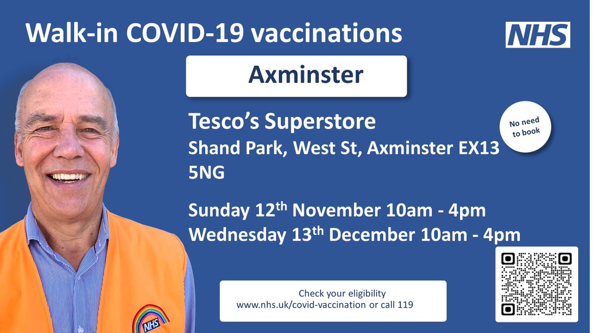 DevonCC's tweet image. 💉 Walk-in COVID-19 vaccinations are available on Sunday 12 November at Tesco Superstore in #Axminster from 10am - 4pm. 

📍 Find your nearest walk-in clinic here 👉  nhs.uk/nhs-services/c…

Check your eligibility: nhs.uk/conditions/cov…