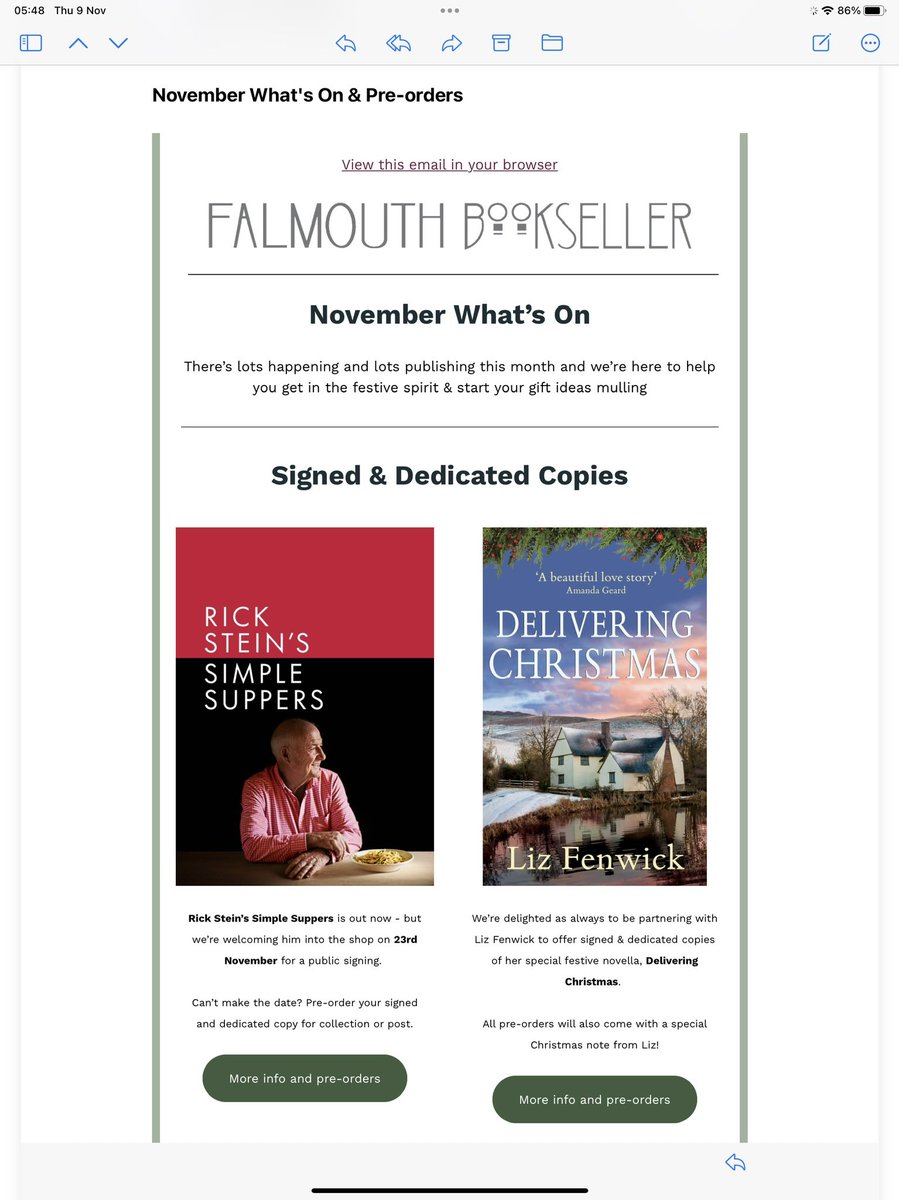 Thrilled to see Delivering Christmas in the newsletter from @falmouthbooks you can order a signed dedicated copy from them with a Christmas card from me!! falmouth-bookseller.co.uk/delivering-chr…