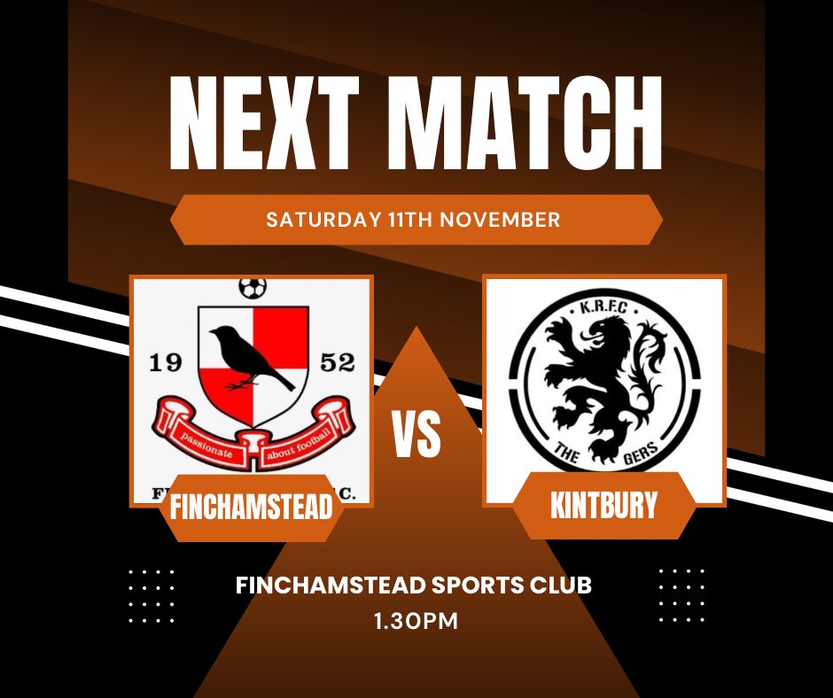 This weekend 🧡🖤

🎟️ - FREE ENTRY

🆚 <a href="/Finch_FC1/">Finchampstead FC</a> 
🏆 <a href="/BerksandBucksFA/">Berks & Bucks FA</a> 
🏟️ RG40 4JU
⏰ 1.30pm
🚗 Parking On site 
🍺 Bar Open
