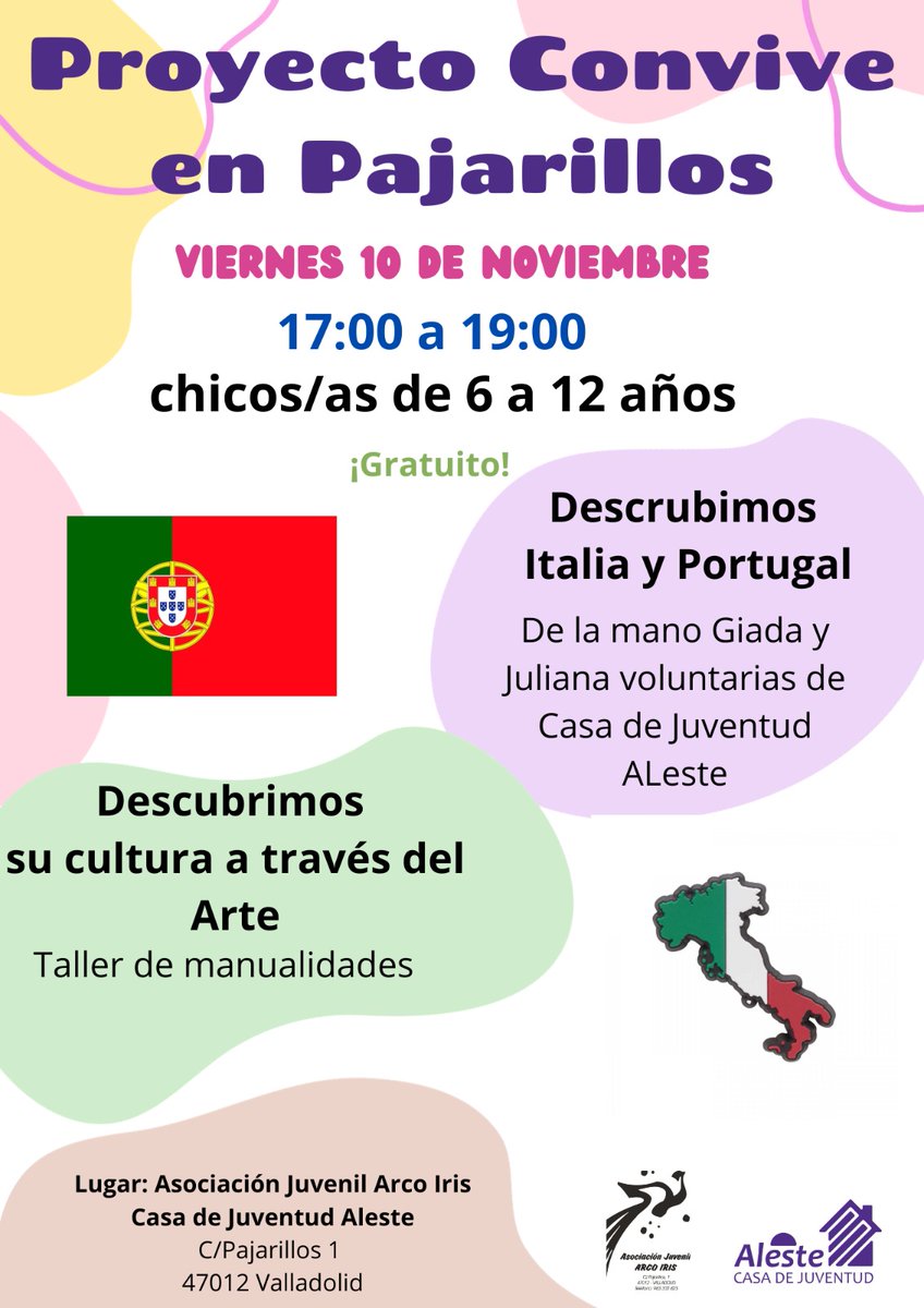Tarde Intercultural en Casa de Juventud Aleste y en @arcoiris_ief .😍

Si tienes entre 6 y 12 años, te invitamos a participar el viernes 10 de noviembre de ⏱ 17:00 a 19:00 de estas dos propuestas